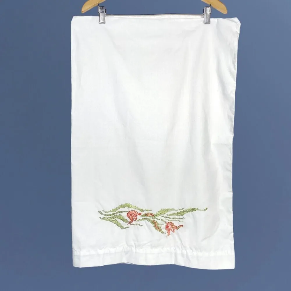 Vtg Bucilla Cross Stitch Pillow Case Flowers Embroidered Floral Pillowcase Cover